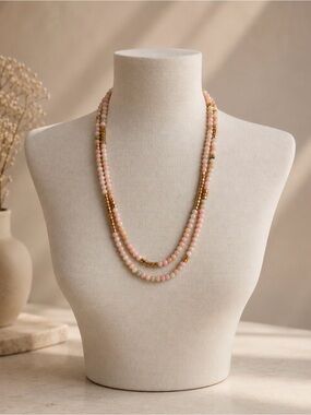 Pink Opal Multi Strand Stretch Wrap Bracelet Boho Healing Crystal Necklace 30”